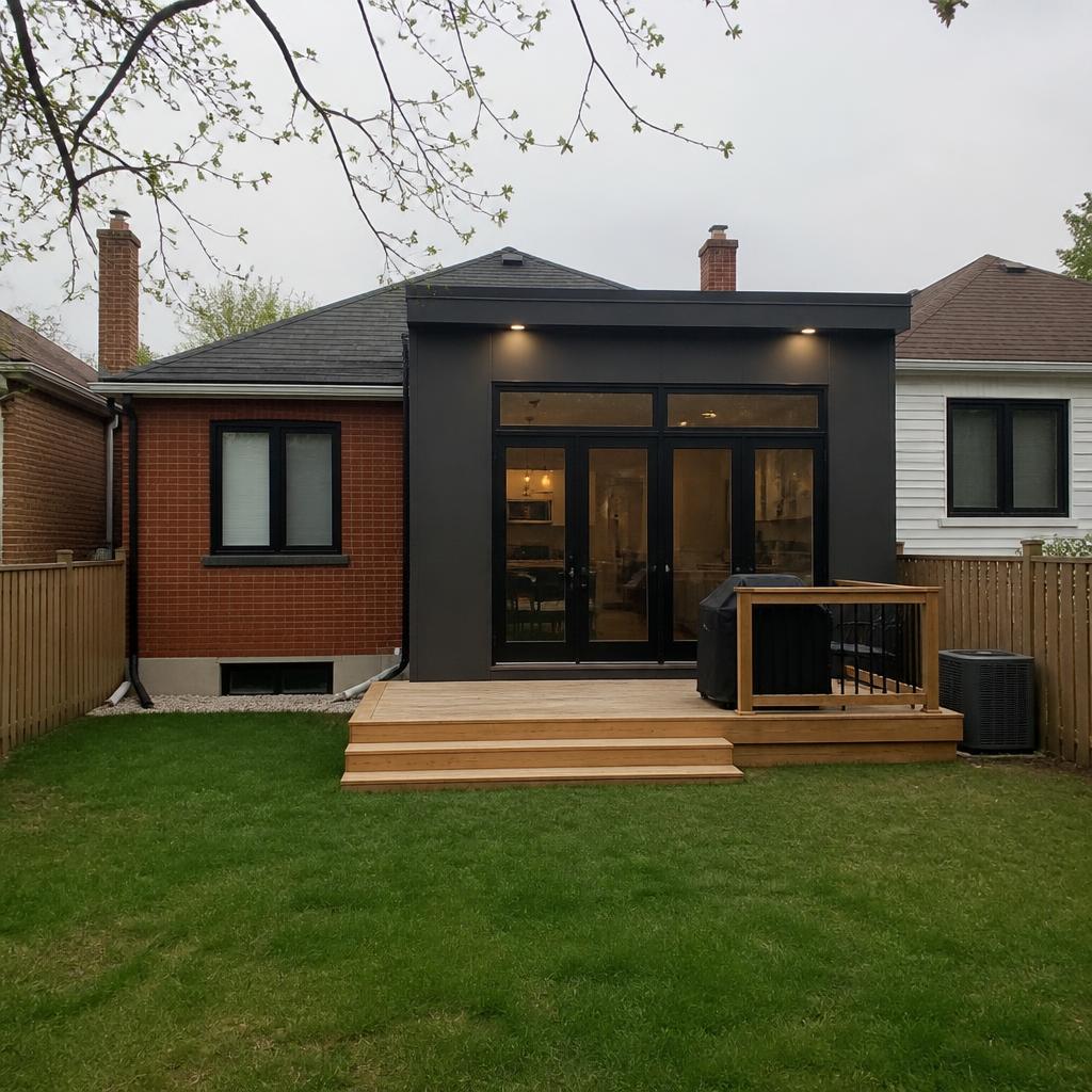 Brick bungalow with a modern rear addition, black-framed windows and a cedar deck built by AYSO Construction