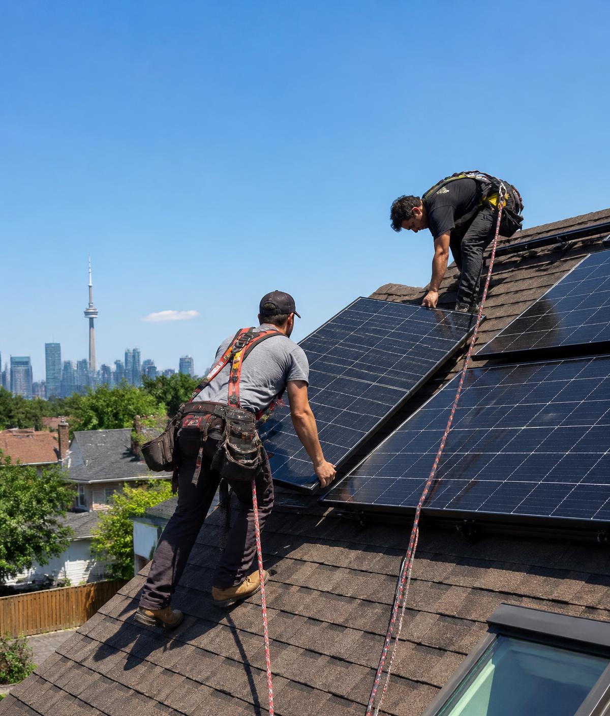 AYSO crew installing rooftop solar panels on a Toronto home
